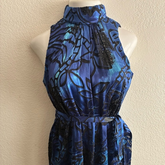 Alex Evenings Silk Blend Blue & Black Beaded Halter Mini Dress 8 - Picture 5 of 16